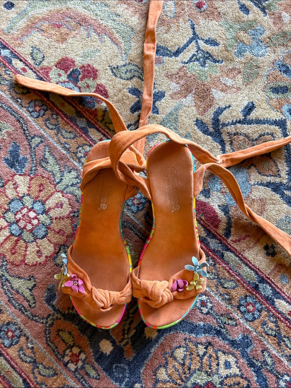 Dollhouse Orange Tie-Wrap Sandals with Multicolor Floral Trim Made in Italy